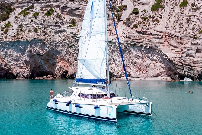 Catamaran Full-Day of Milos and Poliegos With Lunch & BBQ - Galazia Nera on uninhabited Poliegos