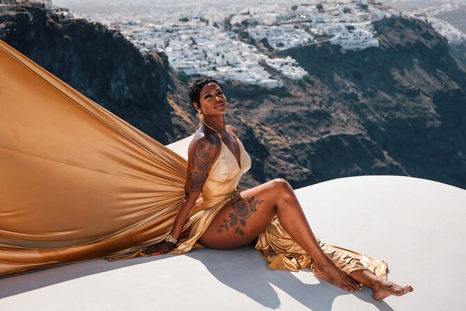 Exclusive Santorini Flying Dress Photoshoot with Pickup - Heat, wind, and the best time to go