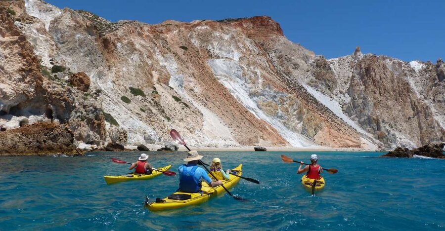 Milos: Guided Kayaking Trip with Snorkelling & Lunch - The first hour: learning the kayak beside the cliffs