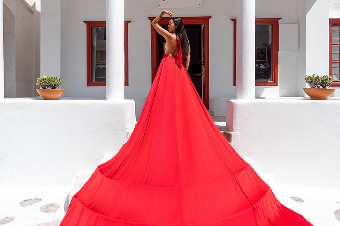Private Flying Dress Photoshoot in Mikonos - Ancient ruins above the Aegean