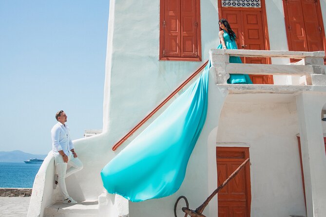 Private Flying Dress Photoshoot in Mikonos - Bougainvillea streets and traditional Mykonos