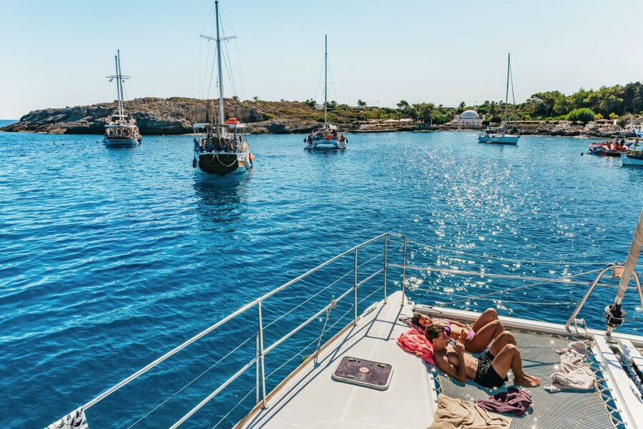 Rhodes: All-Inclusive Catamaran Cruise with Lunch and Drinks - Lunch on board, with Greek flavors and free-flowing drinks