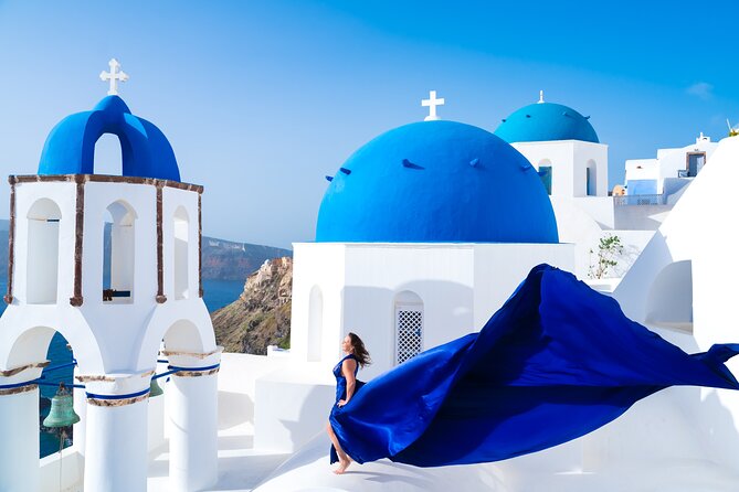 Santorini 2h Private Flying Dress Photoshoot with Transportation - Firostefani for bells, walls, and open views