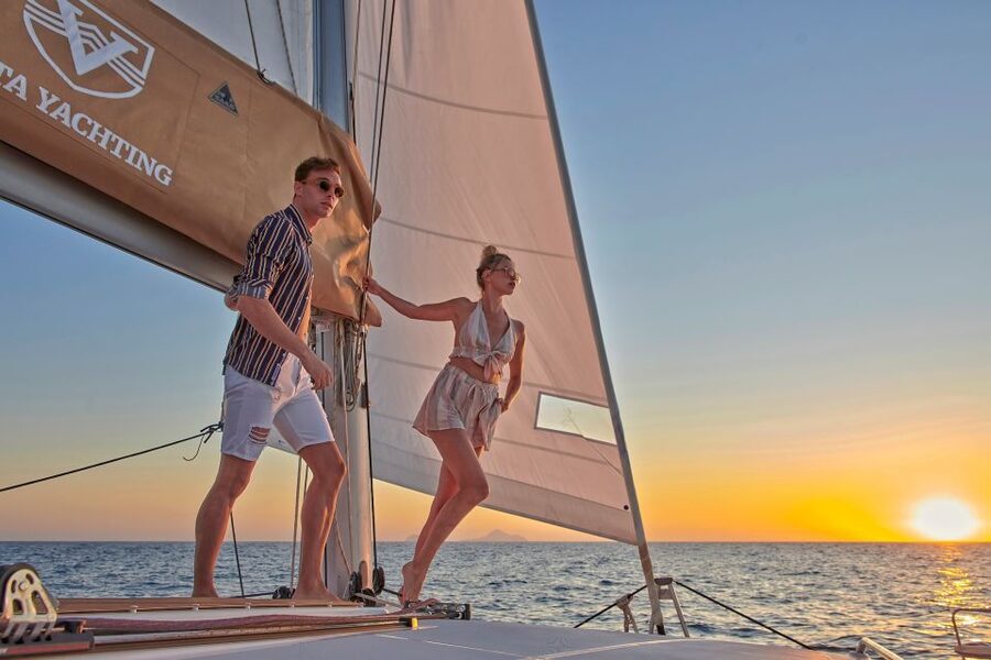 Santorini Gold Catamaran Cruise with Snorkel, BBQ & Open Bar - Mesa Pigadia is the main swim and meal stop