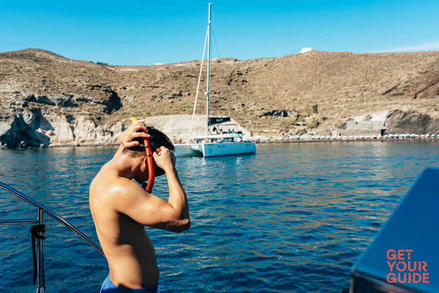 Santorini: Private Catamaran Tour with BBQ Meal and Drinks - The caldera and Palea Kameni’s sulfur springs
