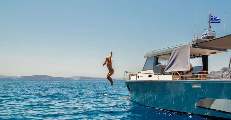 Santorini: Private Diamond 36 Motor Yacht Caldera Cruise - A Greek meal prepared on the boat